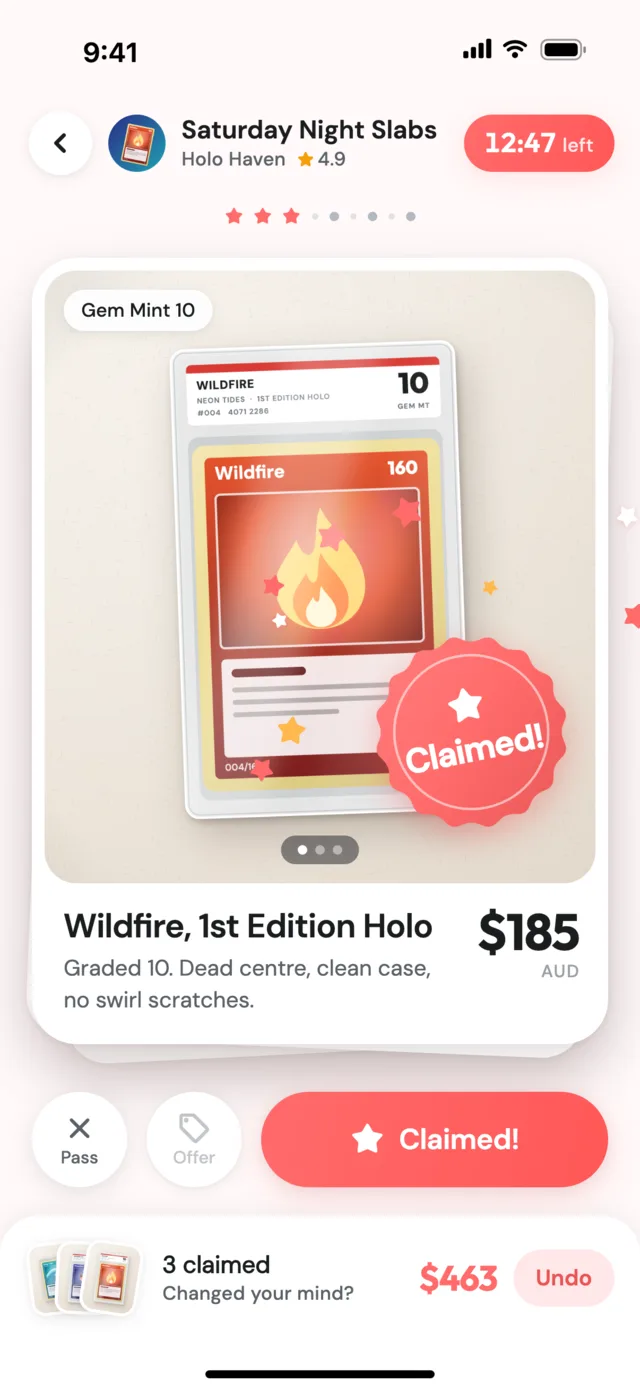 The Claim Sale app: a piece stamped Claimed!, with the claims so far in the tray