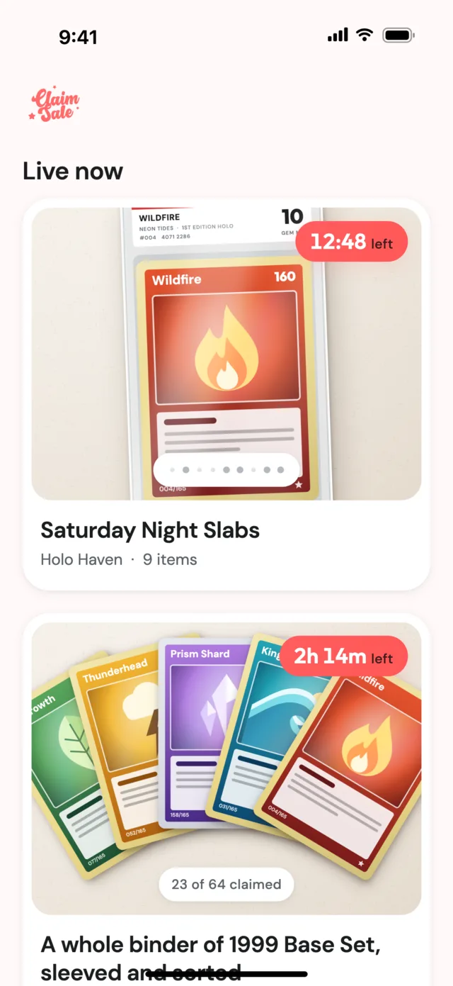 The Claim Sale app: a feed of live sales, each with its clock